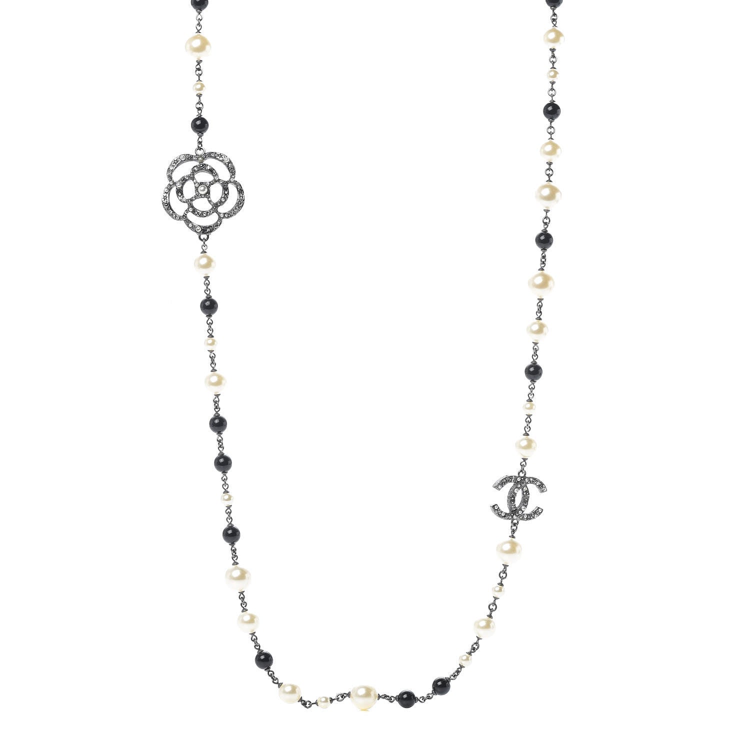 Chanel Pearl Crystal Camellia CC Long Necklace Silver 1 of 5