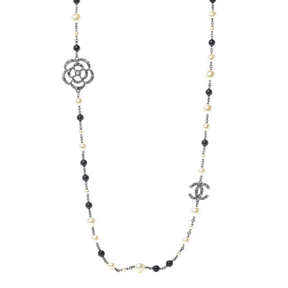 Chanel Pearl Crystal Camellia CC Long Necklace Silver 1 of 5