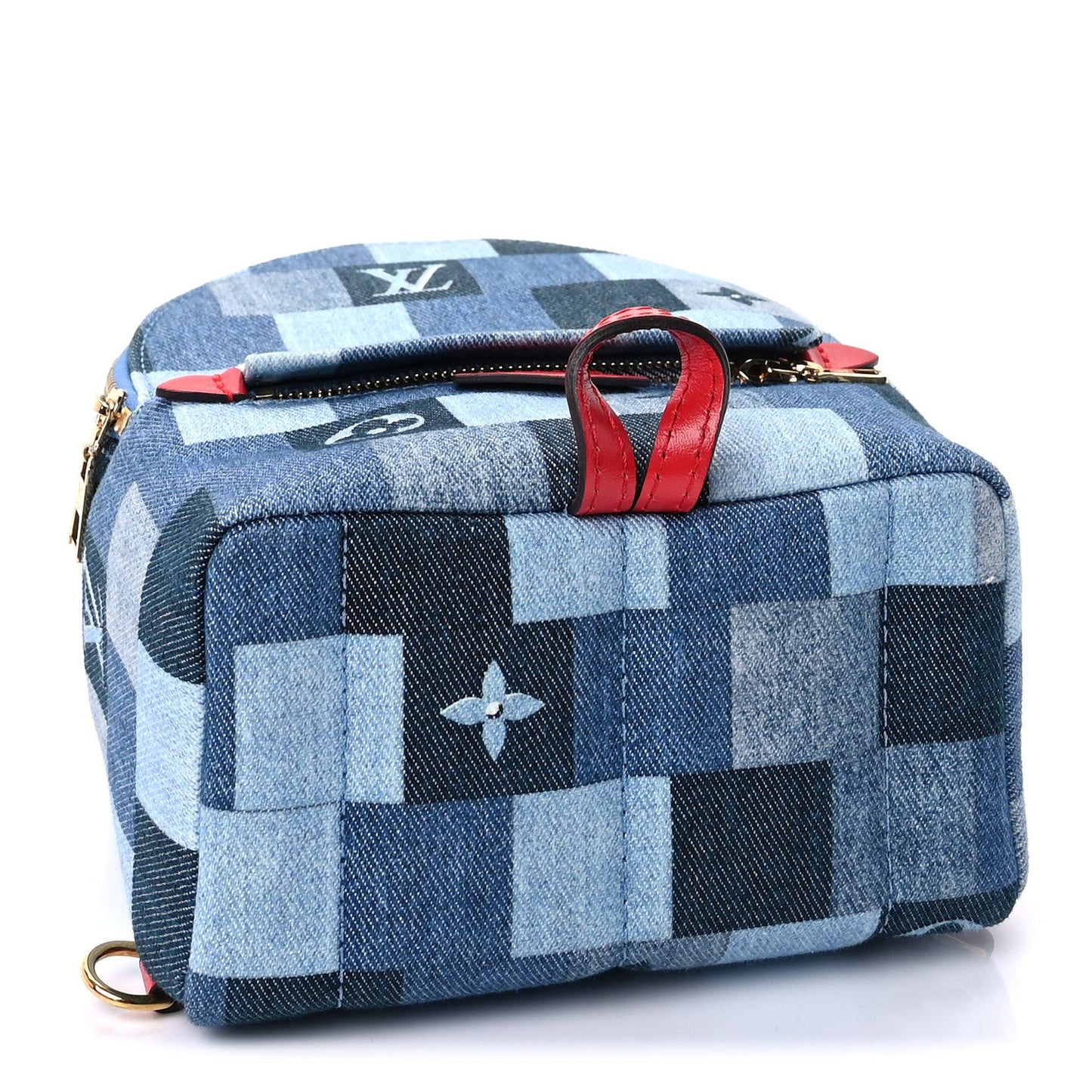Denim Damier Monogram Patchwork Palm Springs Backpack Mini Blue Rouge
