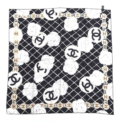 Chanel Silk CC Logo Camellia Scarf White Black 1 of 4