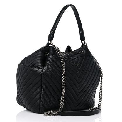 Chanel Deerskin Chevron Large CC Chain Bucket Drawstring Bag Black 3 of 11