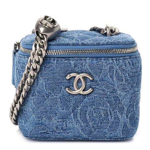 Denim Quilted Camellia Sweetheart Mini Vanity Case With Chain Blue