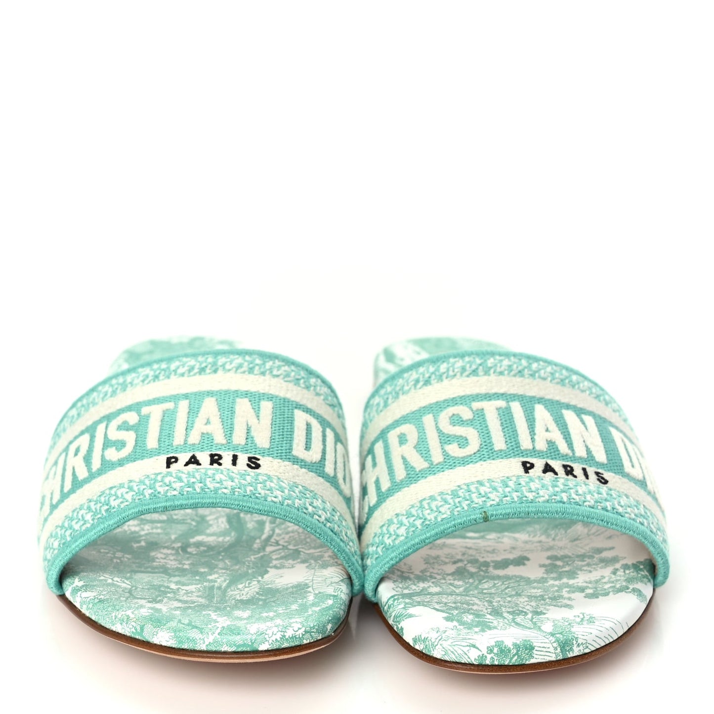 Canvas Toile De Jouy Embroidered Dway Flat Slide Sandals 36 Aquamarine