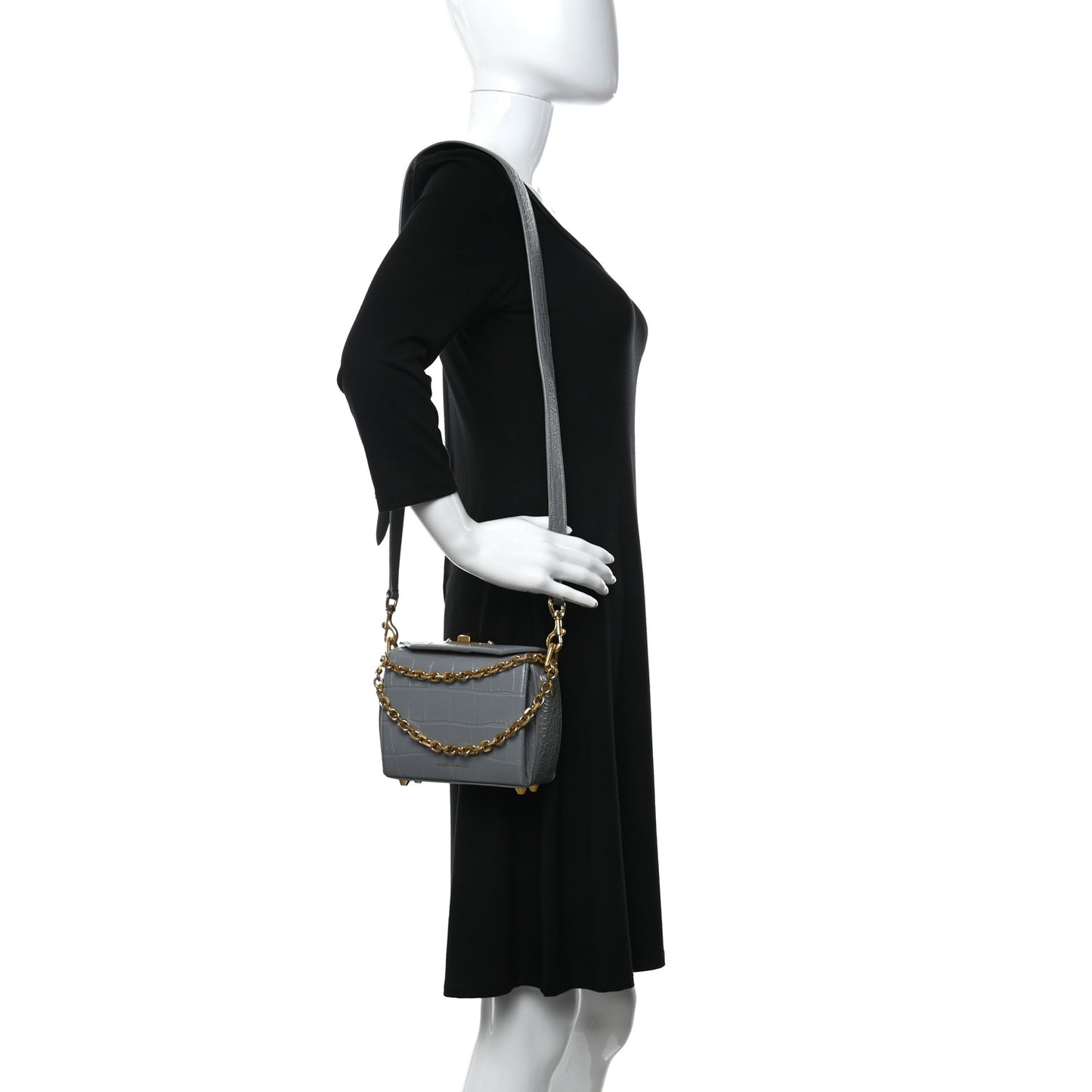 Calfskin Crocodile Embossed Box Shoulder Bag 16 Grey