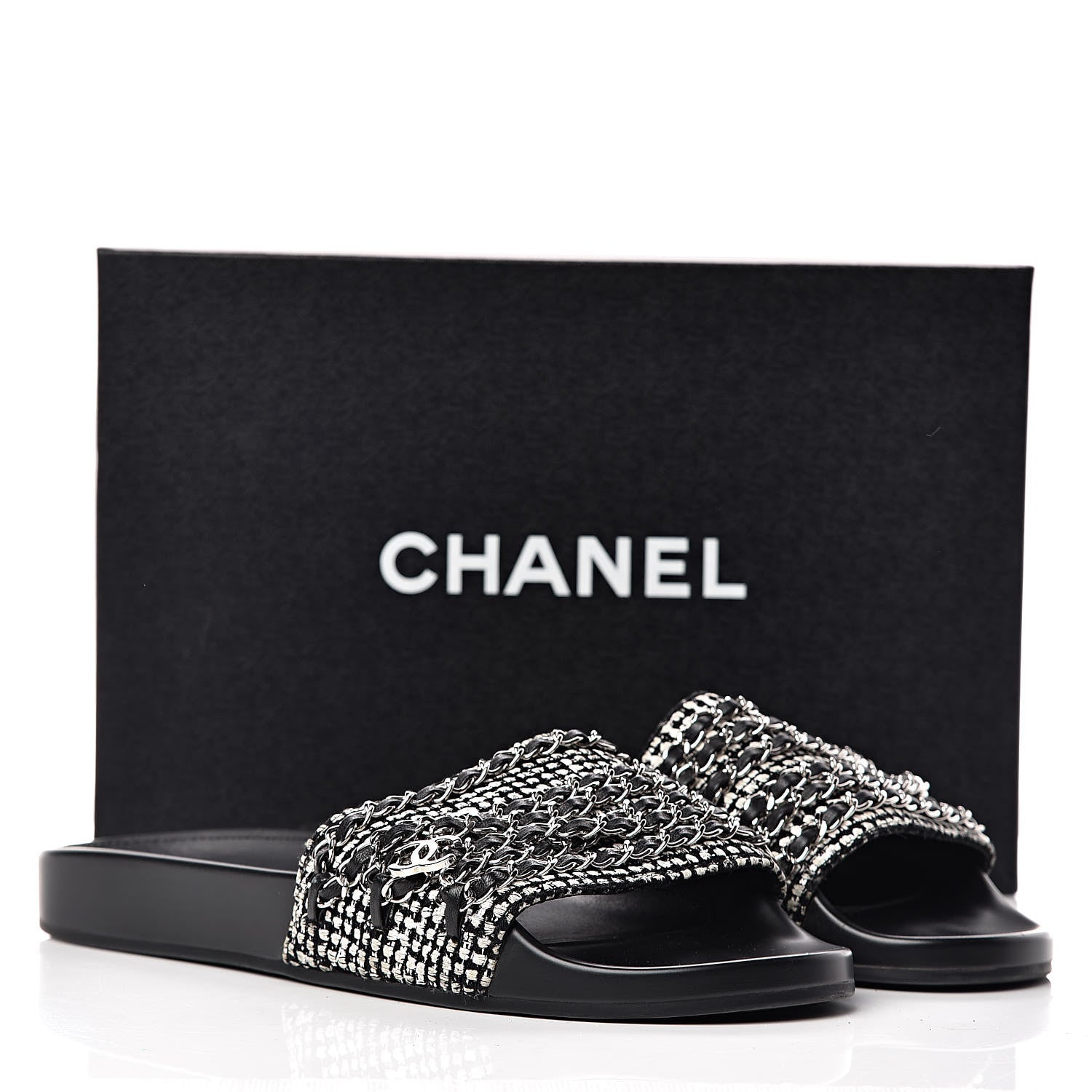 Chanel Tweed Lambskin Chain Flat Sandals 42 Black Multicolor 12 of 12