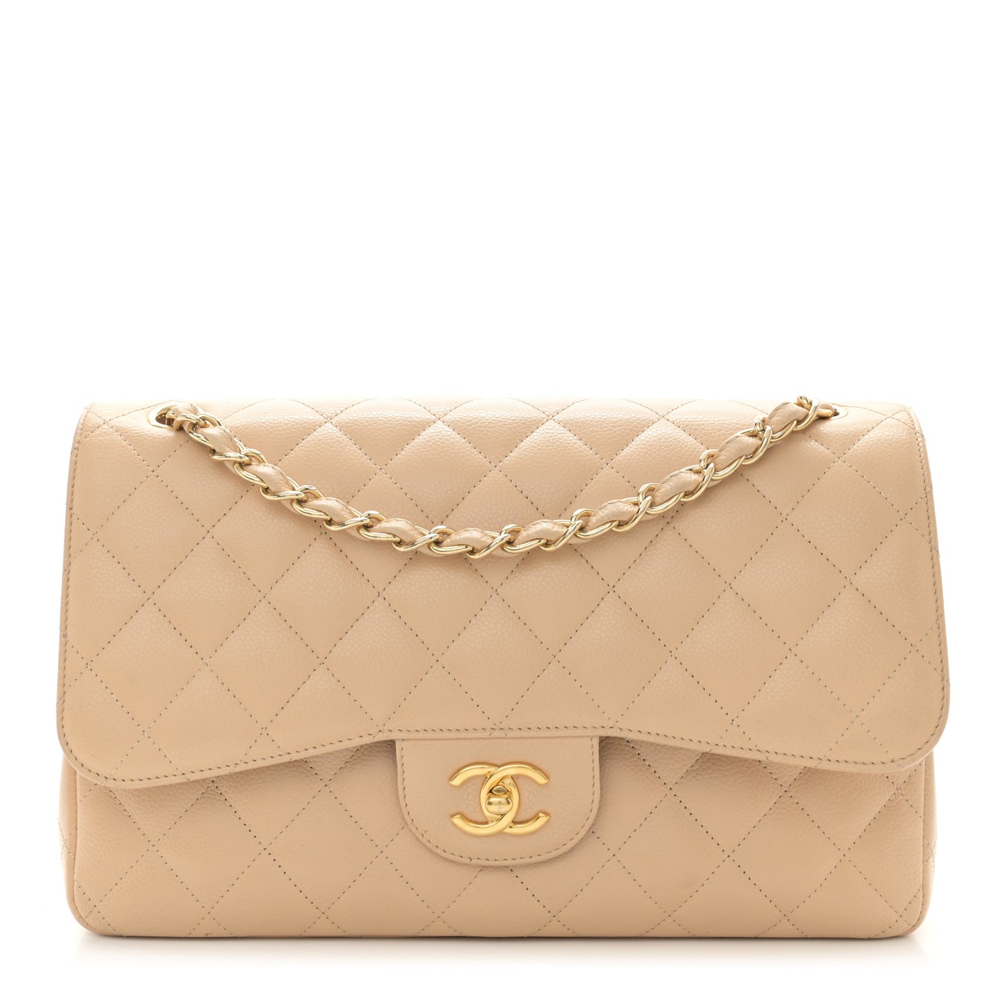 Caviar Quilted Jumbo Double Flap Beige Clair