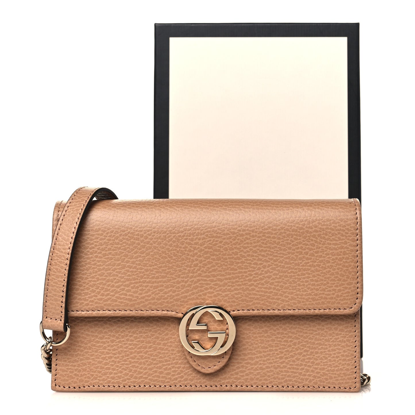 Dollar Calfskin Interlocking G Chain Wallet Camelia