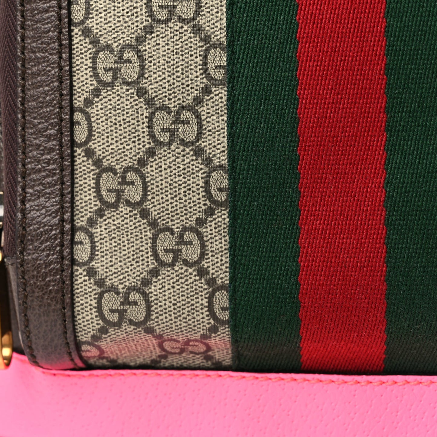 GG Supreme Monogram Textured Dollar Calfskin Web Small Ophidia Day Backpack Beige Ebony Fluorescent Fuchsia