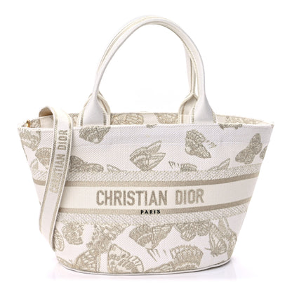 Christian Dior Canvas Embroidered Butterfly Brocart Hat Basket Bag White Gold 1 of 9