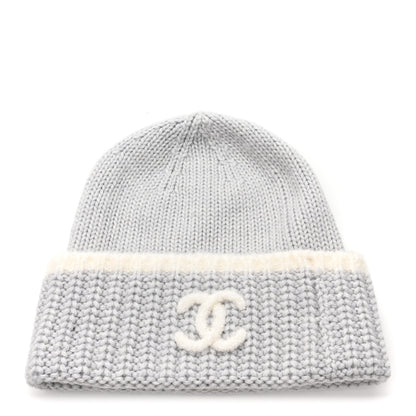 Chanel Cashmere Silk CC Beanie Hat Grey Ecru 1 of 5
