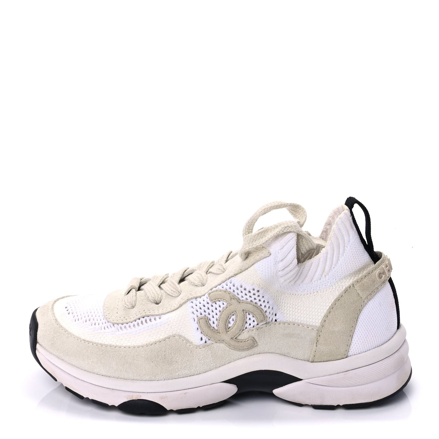 Knit Fabric Suede Calfskin Womens CC Sneakers 36.5 Ivory Light Beige
