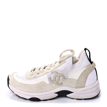 Chanel Knit Fabric Suede Calfskin Womens CC Sneakers 36.5 Ivory Light Beige 1 of 10