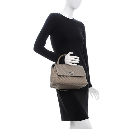 Chanel Metallic Caviar Chevron Quilted Small Coco Handle Flap Light Gold 3 of 9