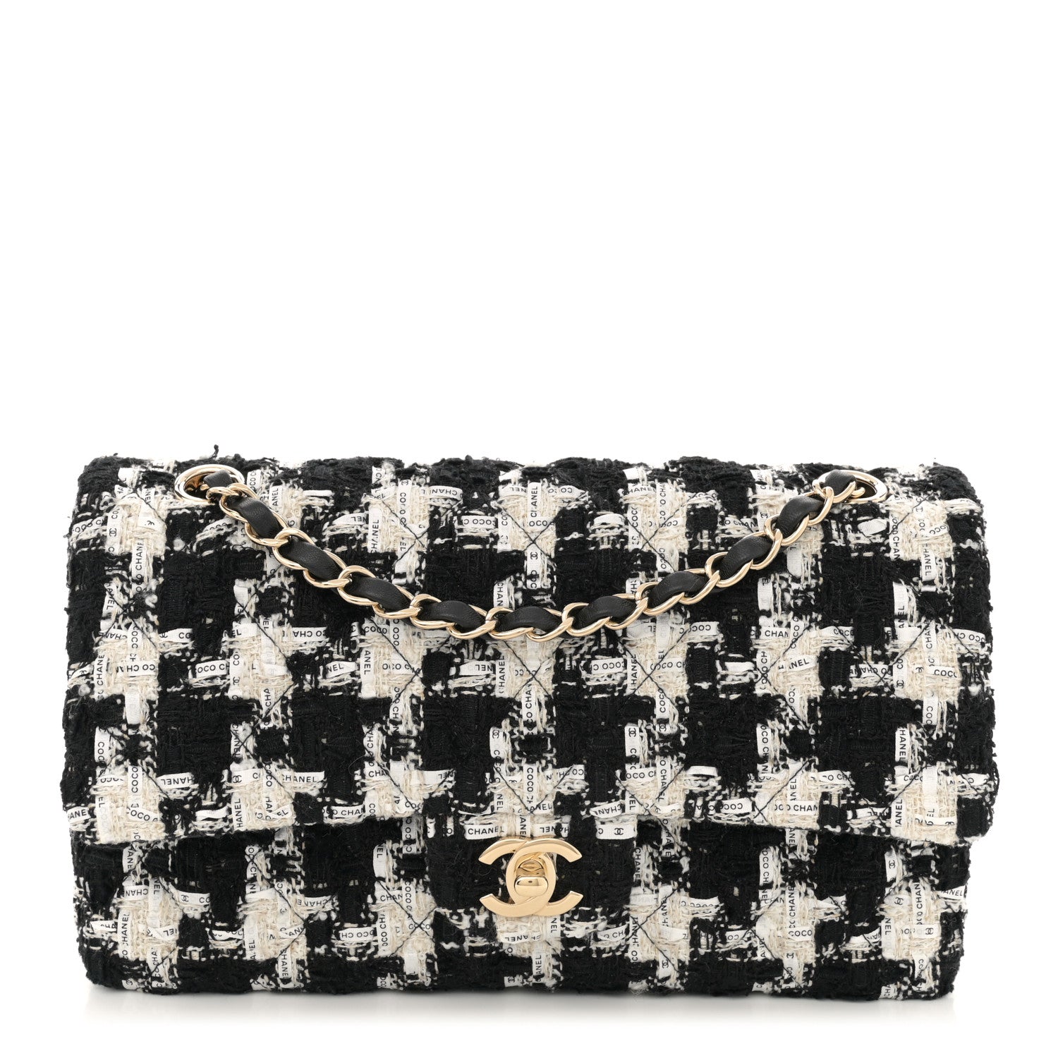 Chanel Tweed Quilted Medium Double Flap Black Ecru White 1 of 13