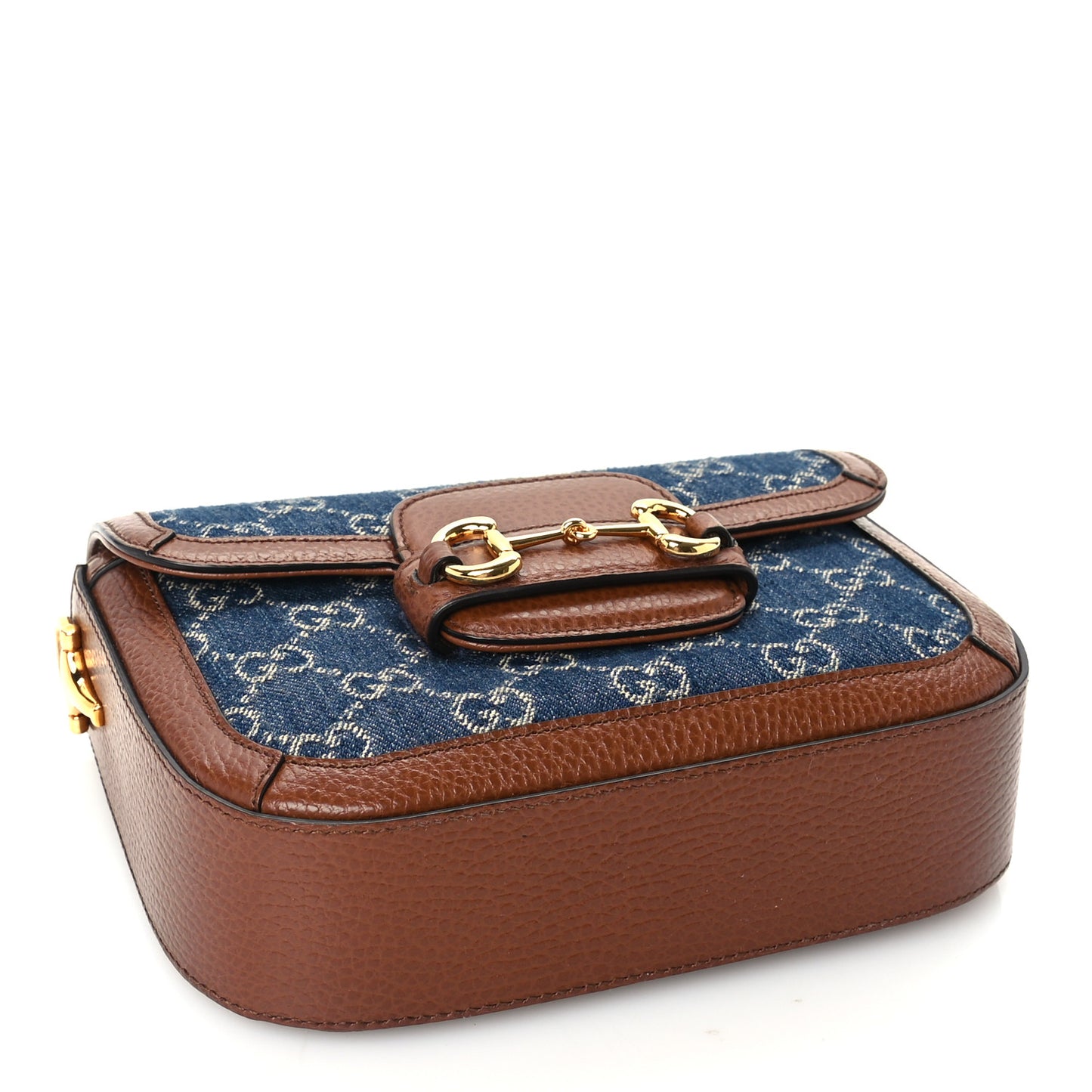 New Denim GG Monogram Dollar Calfskin Web Mini Horsebit 1955 Shoulder Bag Blue Tea Cuir Epilog