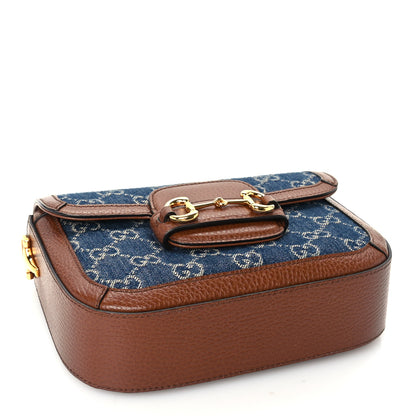 Gucci New Denim GG Monogram Dollar Calfskin Web Mini Horsebit 1955 Shoulder Bag Blue Tea Cuir Epilog 3 of 8