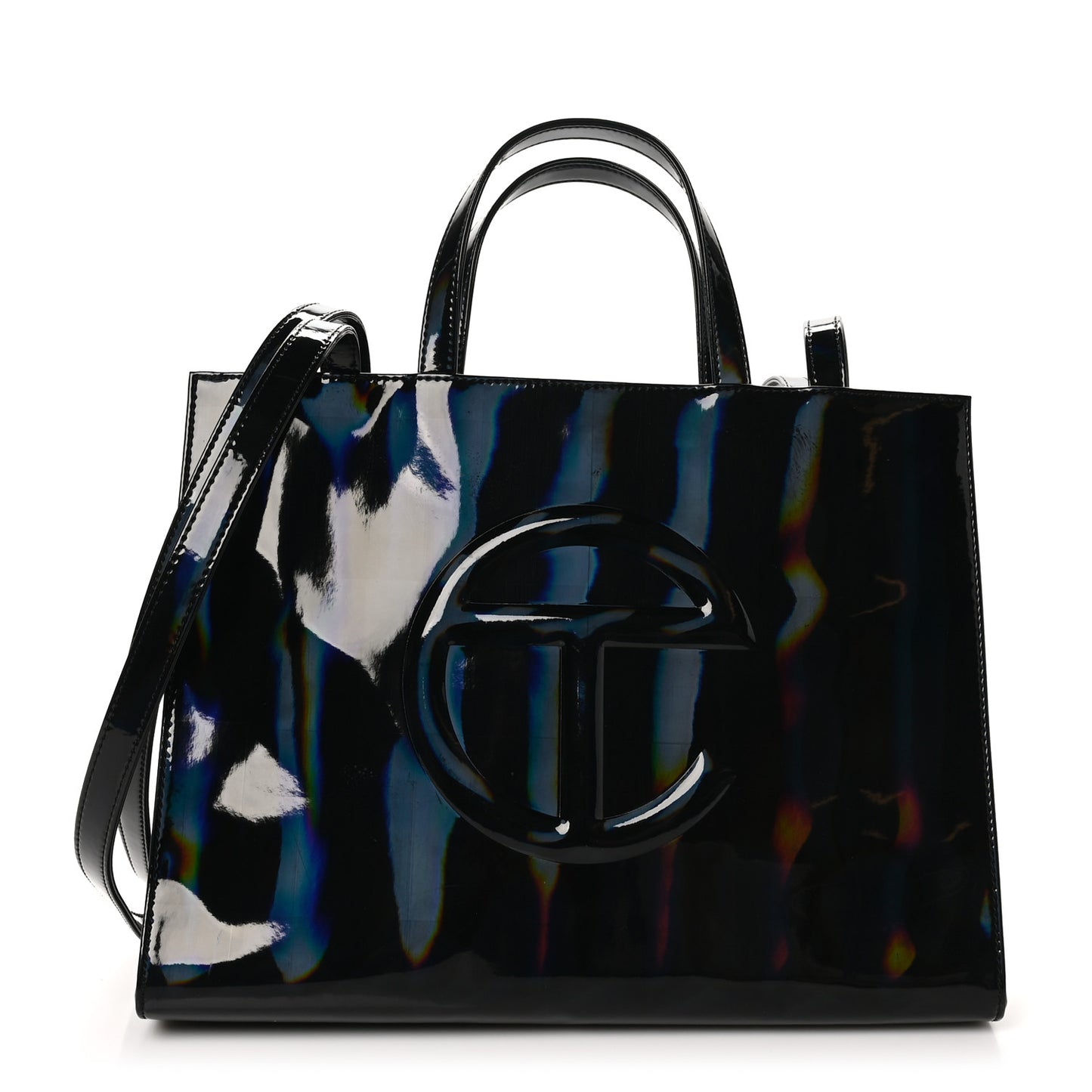 Patent Vegan Leather Medium Shopping Bag Black Rainbow