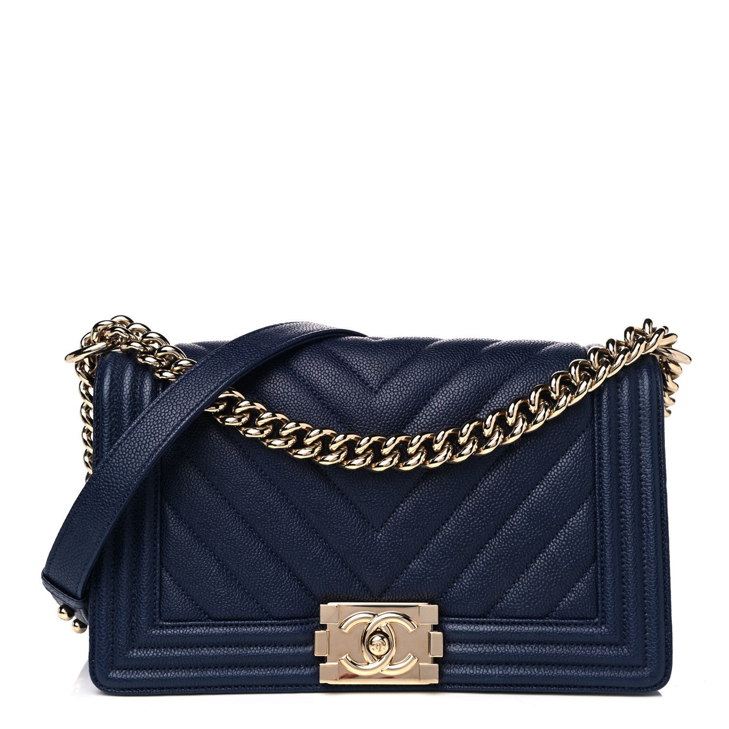 Caviar Chevron Quilted Medium Boy Flap Navy