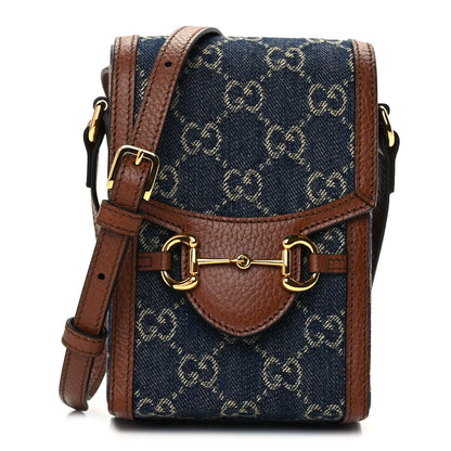 Gucci New Denim GG Monogram Dollar Calfskin Mini Horsebit 1955 Crossbody Bag Blue Tea Cuir Epilog 1 of 10