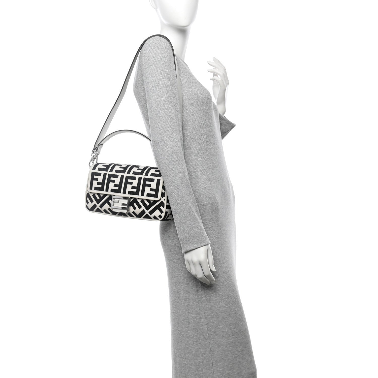 Fendi Canvas Vitello King FF Embroidered Baguette White Black 2 of 7