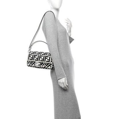 Fendi Canvas Vitello King FF Embroidered Baguette White Black 2 of 7
