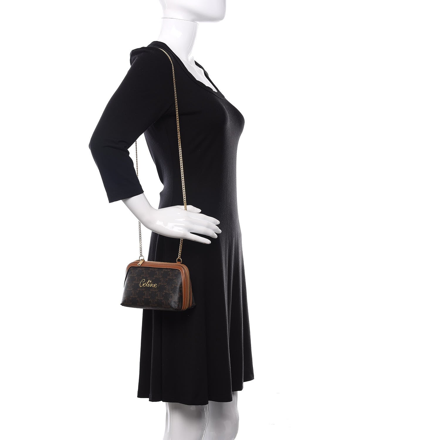 Celine Lambskin Triomphe Canvas Embroidered Logo Clutch With Chain Tan 2 of 10