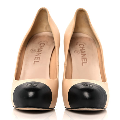 Chanel Lambskin CC Cap Toe Pumps 37.5 Beige Black 2 of 9