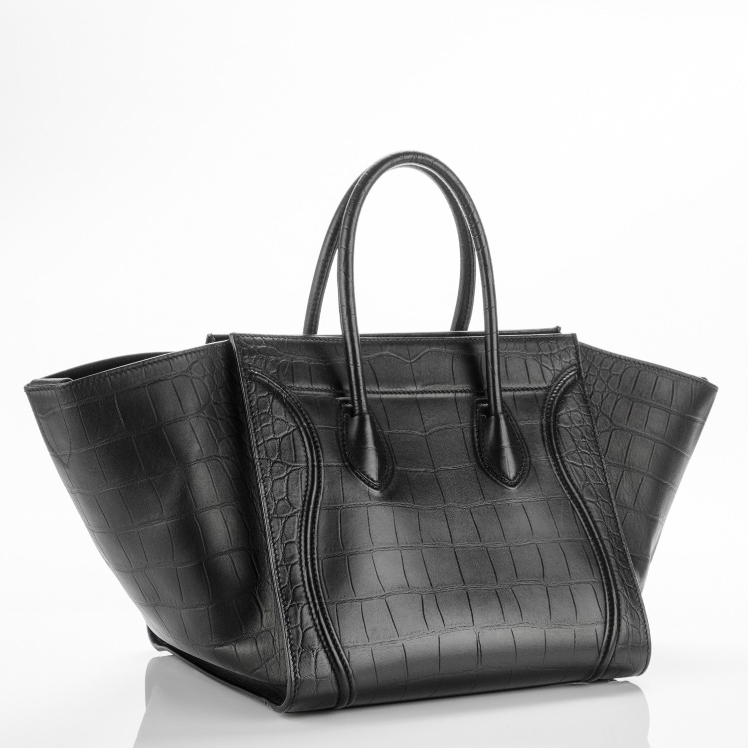 Celine Crocodile Embossed Calfskin Medium Phantom Luggage Black 3 of 8