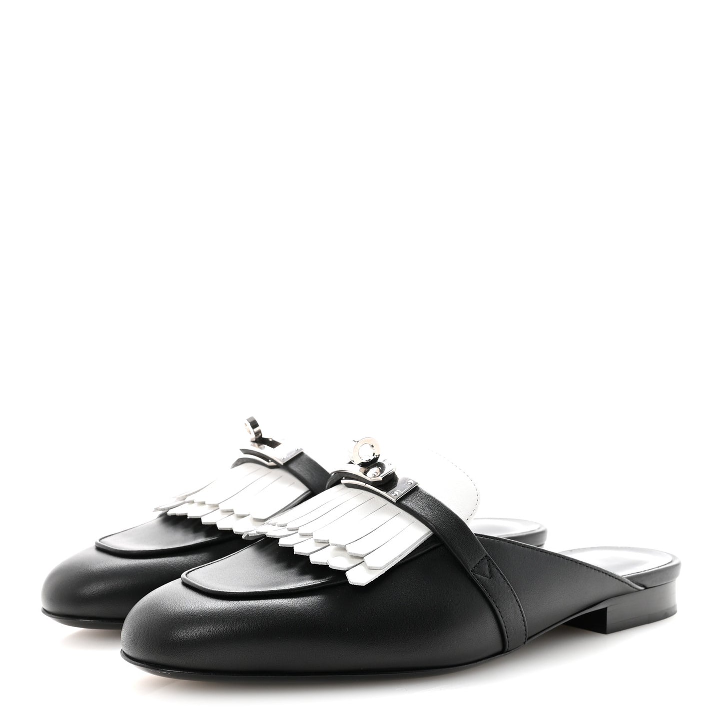 Calfskin Fringe Oz Mules 37 Black White
