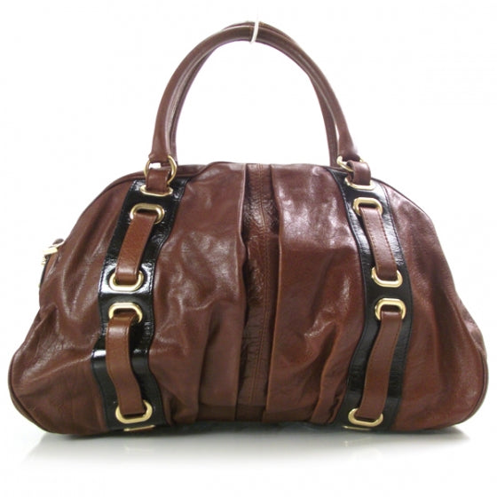 Leather Striping Bowler Tote Bag Chestnut