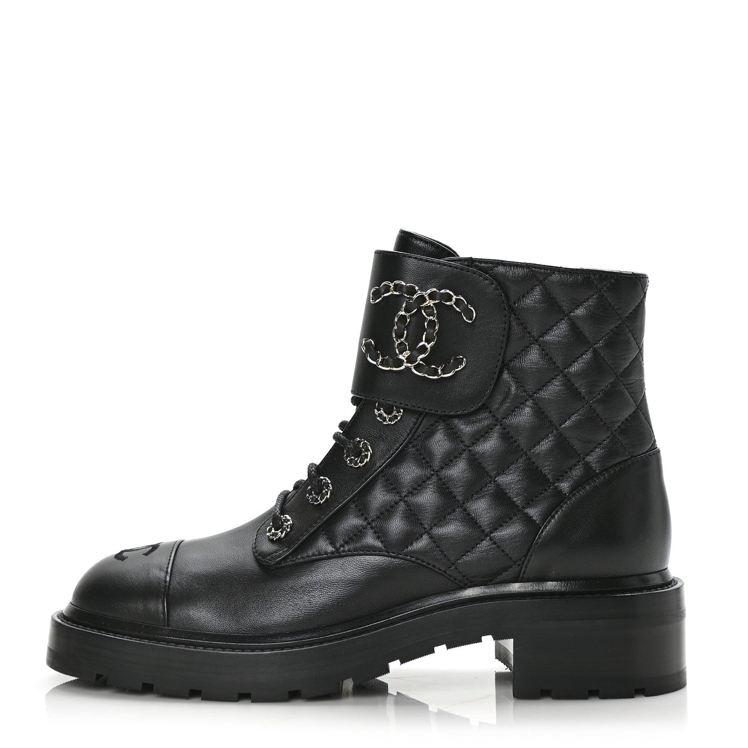 Chanel Shiny Calfskin Quilted Lace Up Combat Boots 40 Black 1 of 8