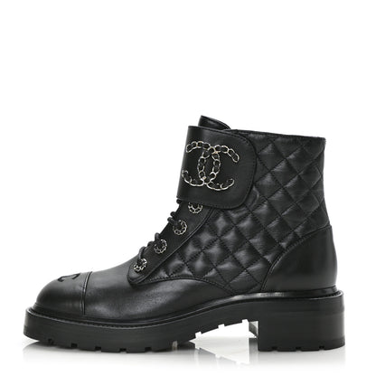 Chanel Shiny Calfskin Quilted Lace Up Combat Boots 40 Black 1 of 8