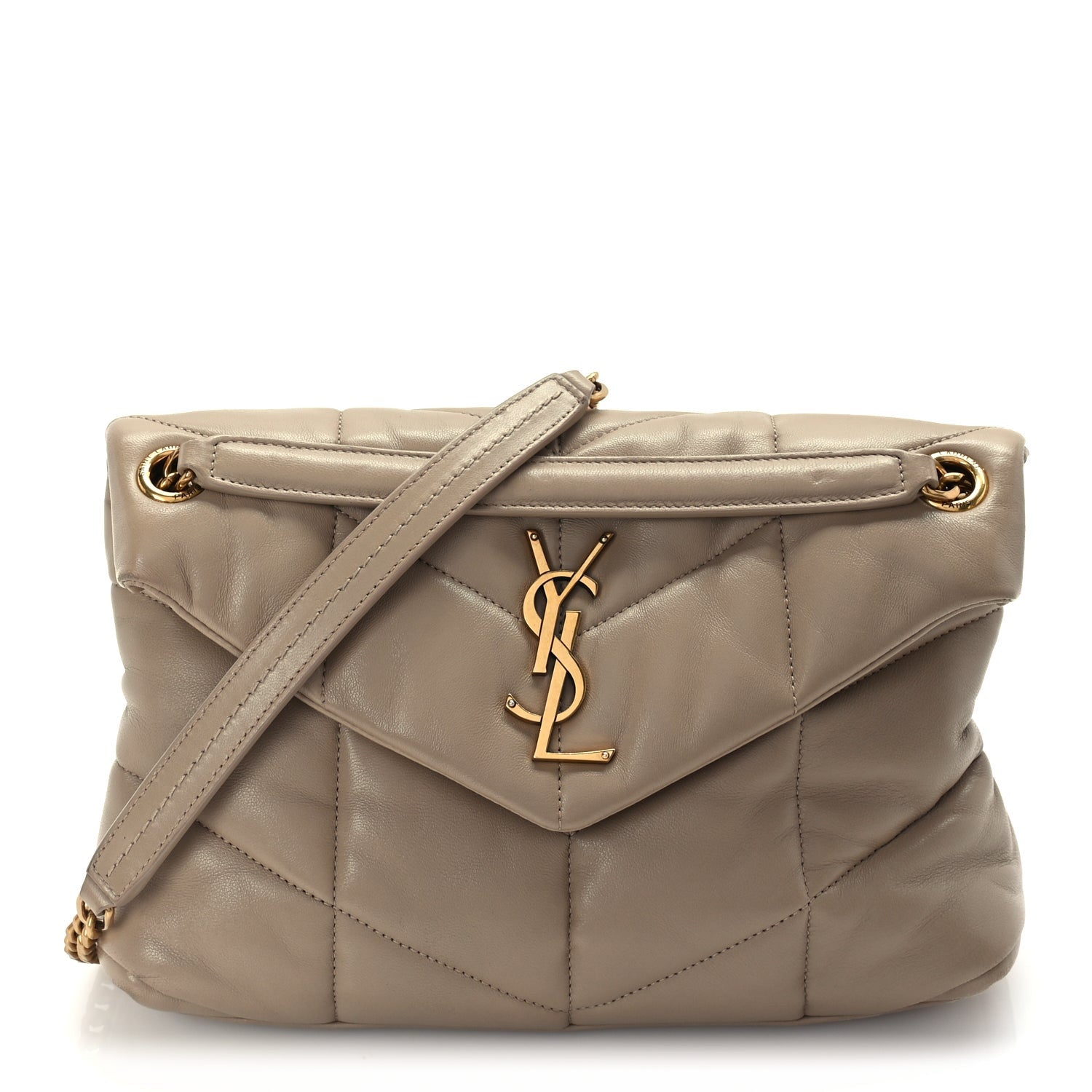 Saint Laurent Lambskin Quilted Small Loulou Puffer Monogram Chain Satchel Dark Beige Dark Beige 1 of 8