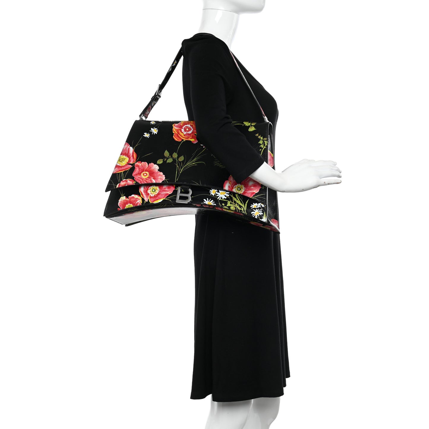 Shiny Paper Calfskin Floral Print Large Crush Sling Bag Black Red