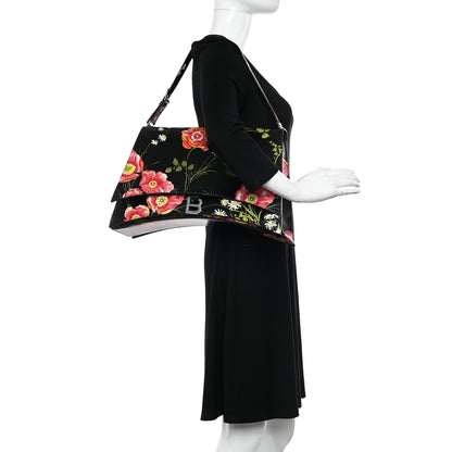 Balenciaga Shiny Paper Calfskin Floral Print Large Crush Sling Bag Black Red 2 of 11