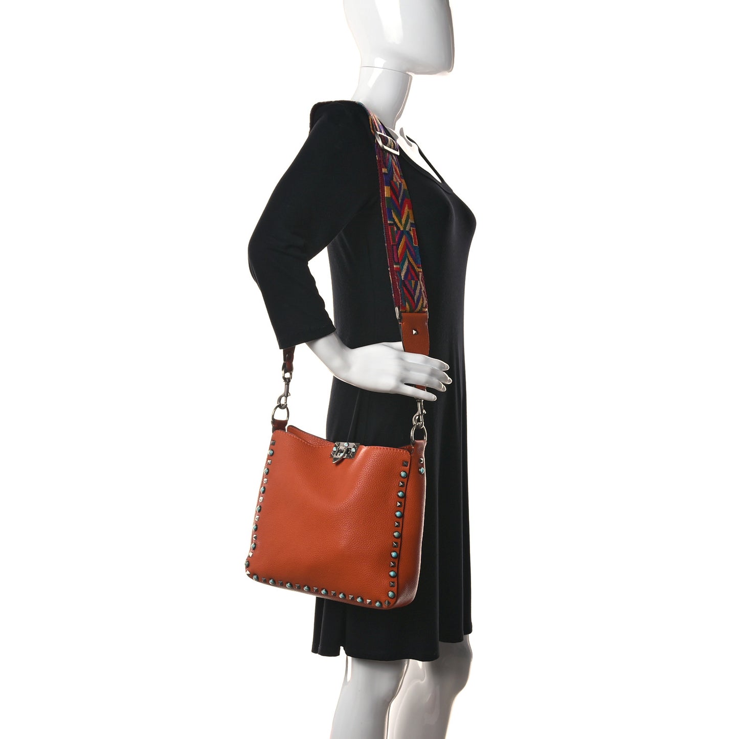 Pebbled Calfskin Small Guitar Strap Rockstud Rolling Flip-Lock Messenger Bag Orange