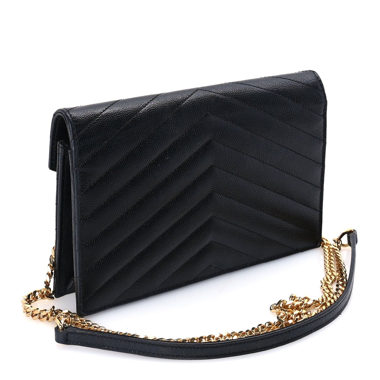 Grain De Poudre Matelasse Chevron Monogram Envelope Chain Wallet Black