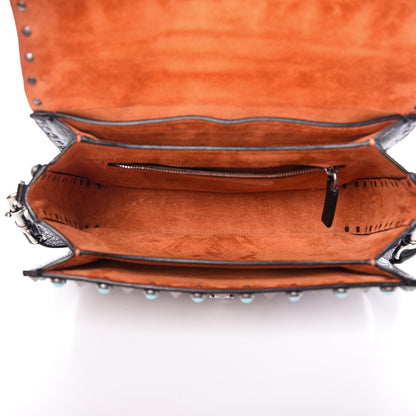 Valentino Garavani Pebbled Calfskin Beaded Medium Guitar Strap Rockstud Rolling Flap Saddle Bag Black 5 of 9