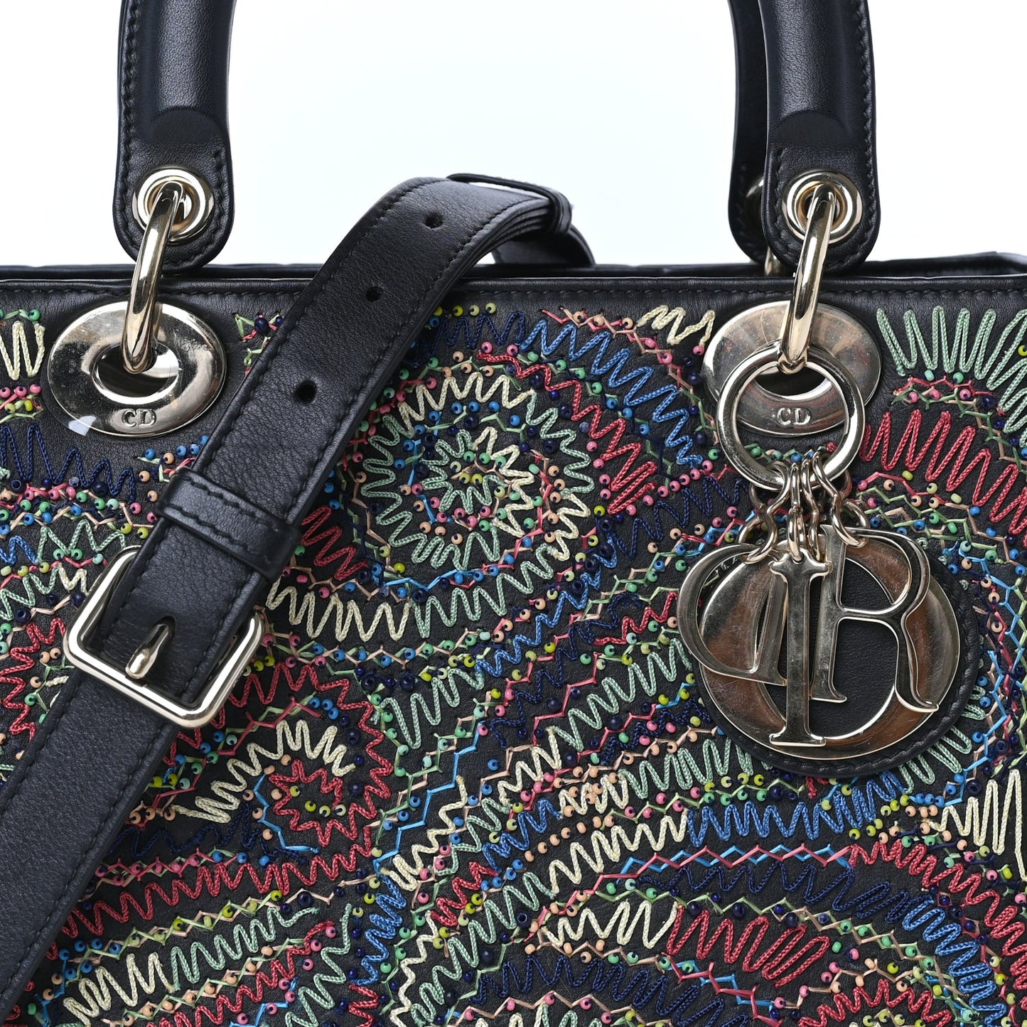 Calfskin Beaded Embroidered Medium Lady Dior  Black Multicolor