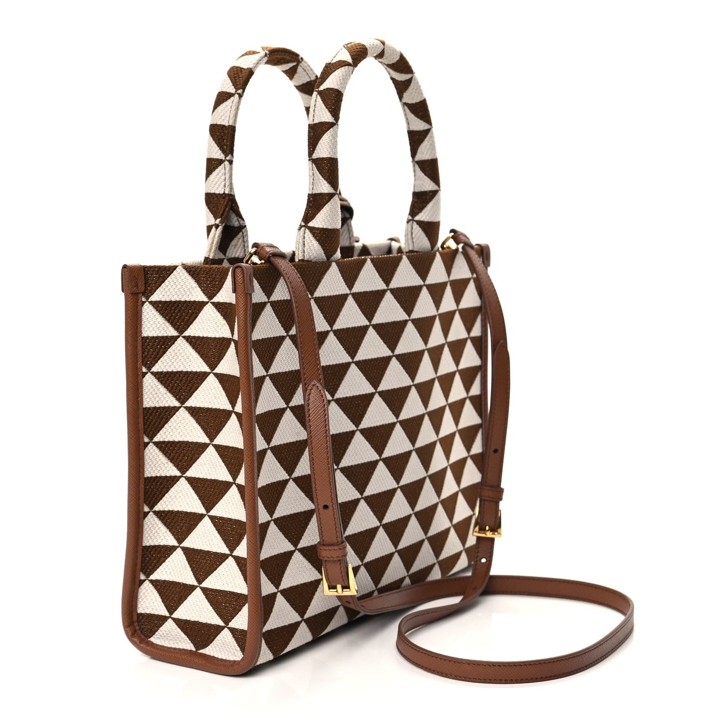 Jacquard Saffiano Triangolo Symbole Embroidered Small Tote Tobacco Talco Tabacco/Talco