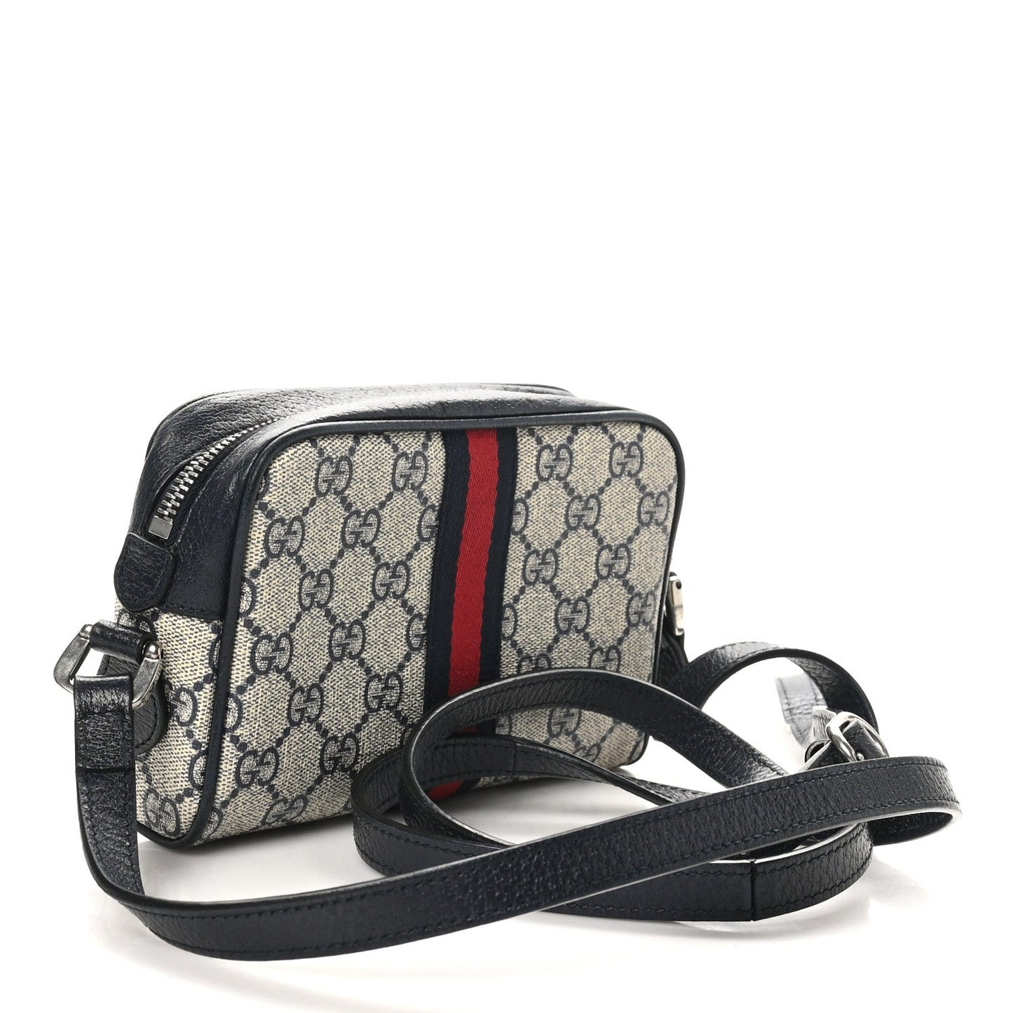 GG Supreme Monogram Textured Dollar Calfskin Web Mini Ophidia Shoulder Bag Beige Blue