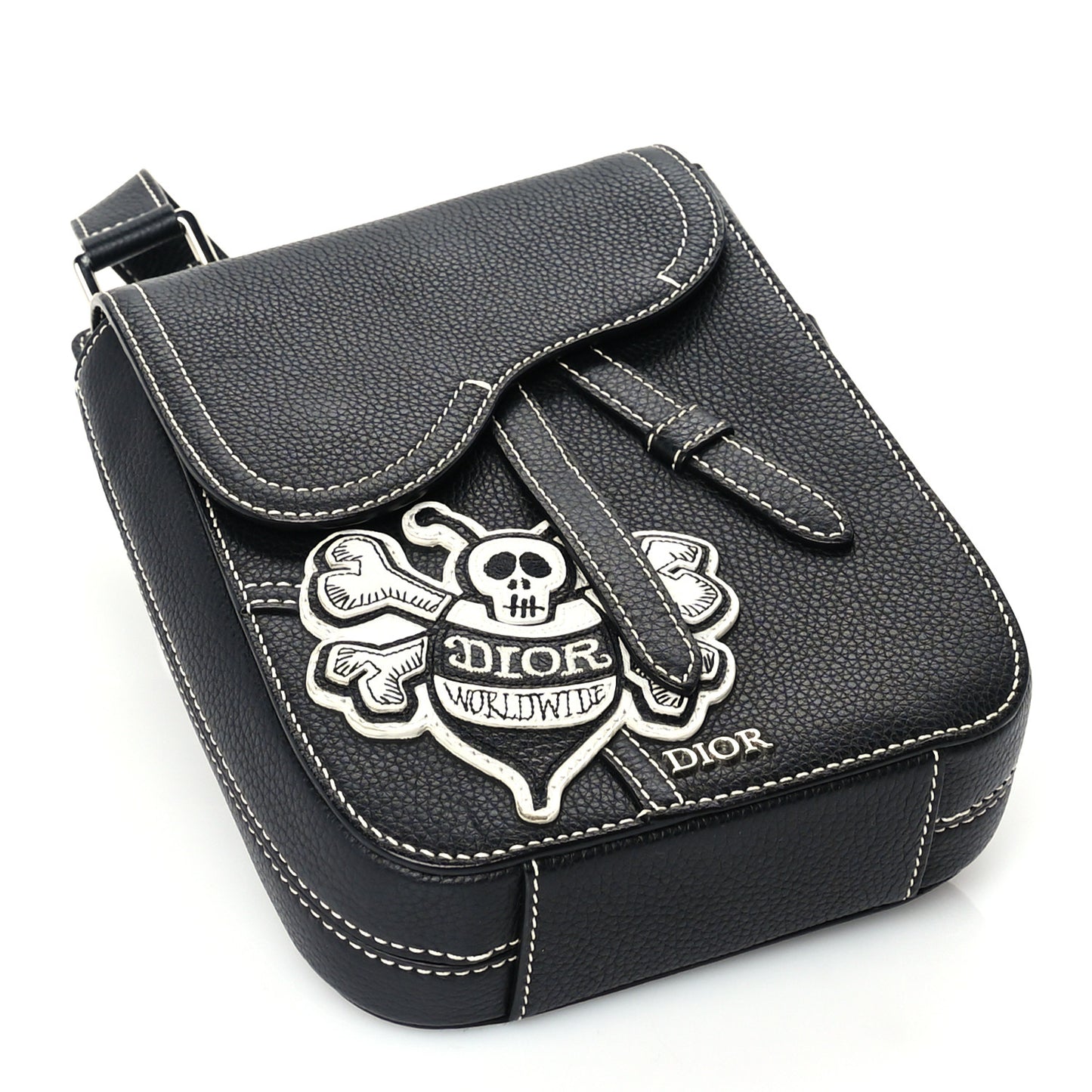 X SHAWN STUSSY Grained Calfskin Saddle Messenger Bag Black
