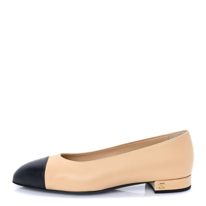 Chanel Lambskin Cap Toe CC Uniform Ballerina Flats 39 Beige Black 1 of 7