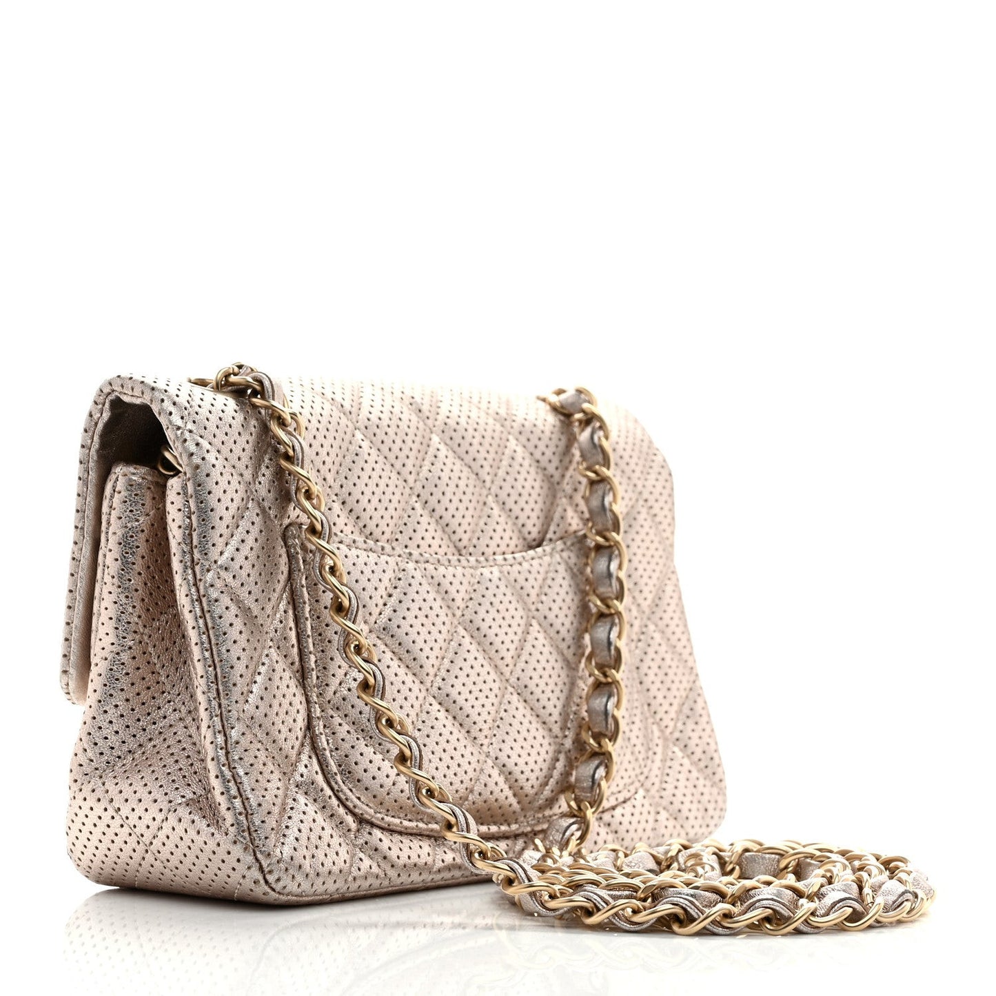 Metallic Lambskin Perforated Mini Rectangular Flap Light Gold
