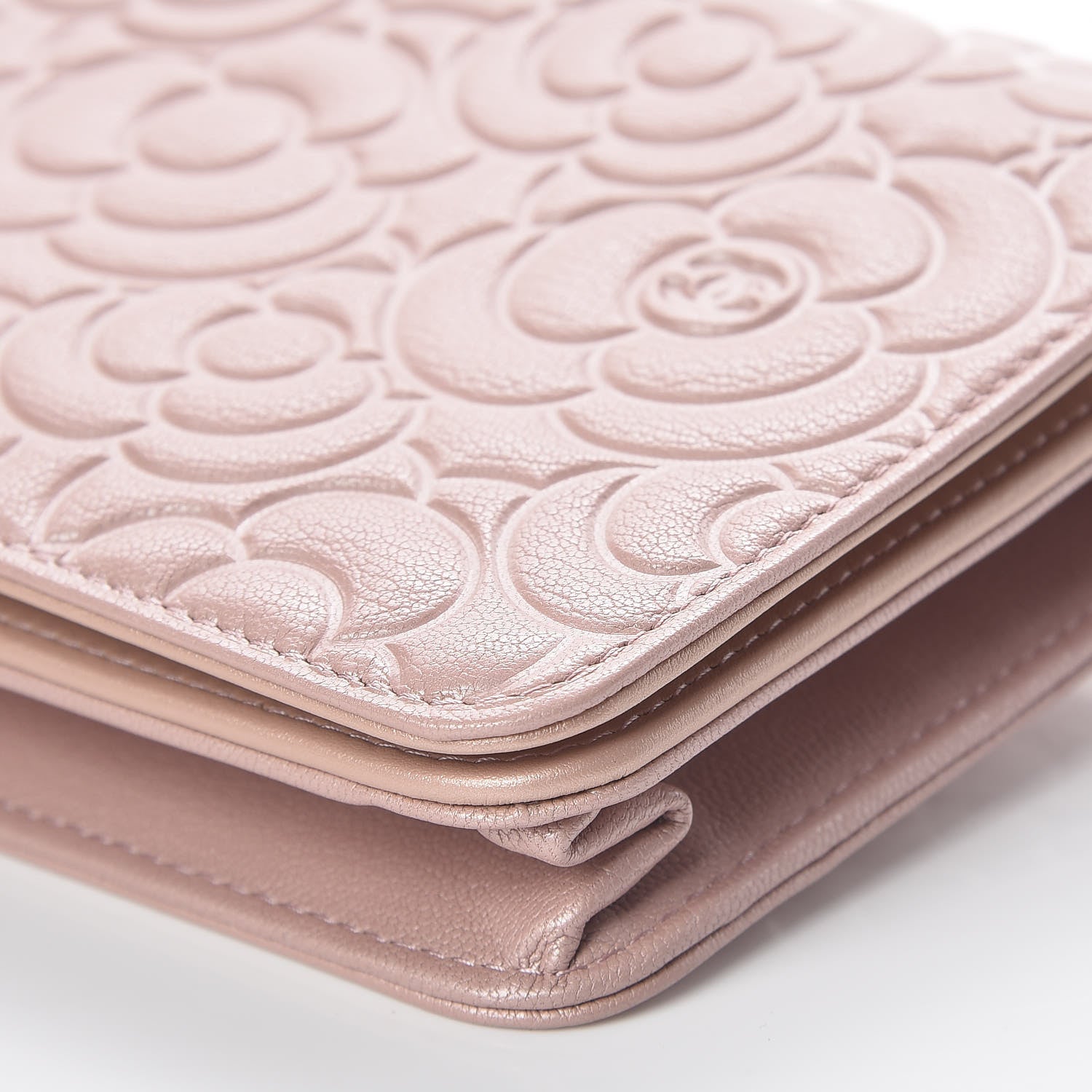 Chanel Goatskin Camellia Embossed Wallet On Chain WOC Light Pink 7 of 11