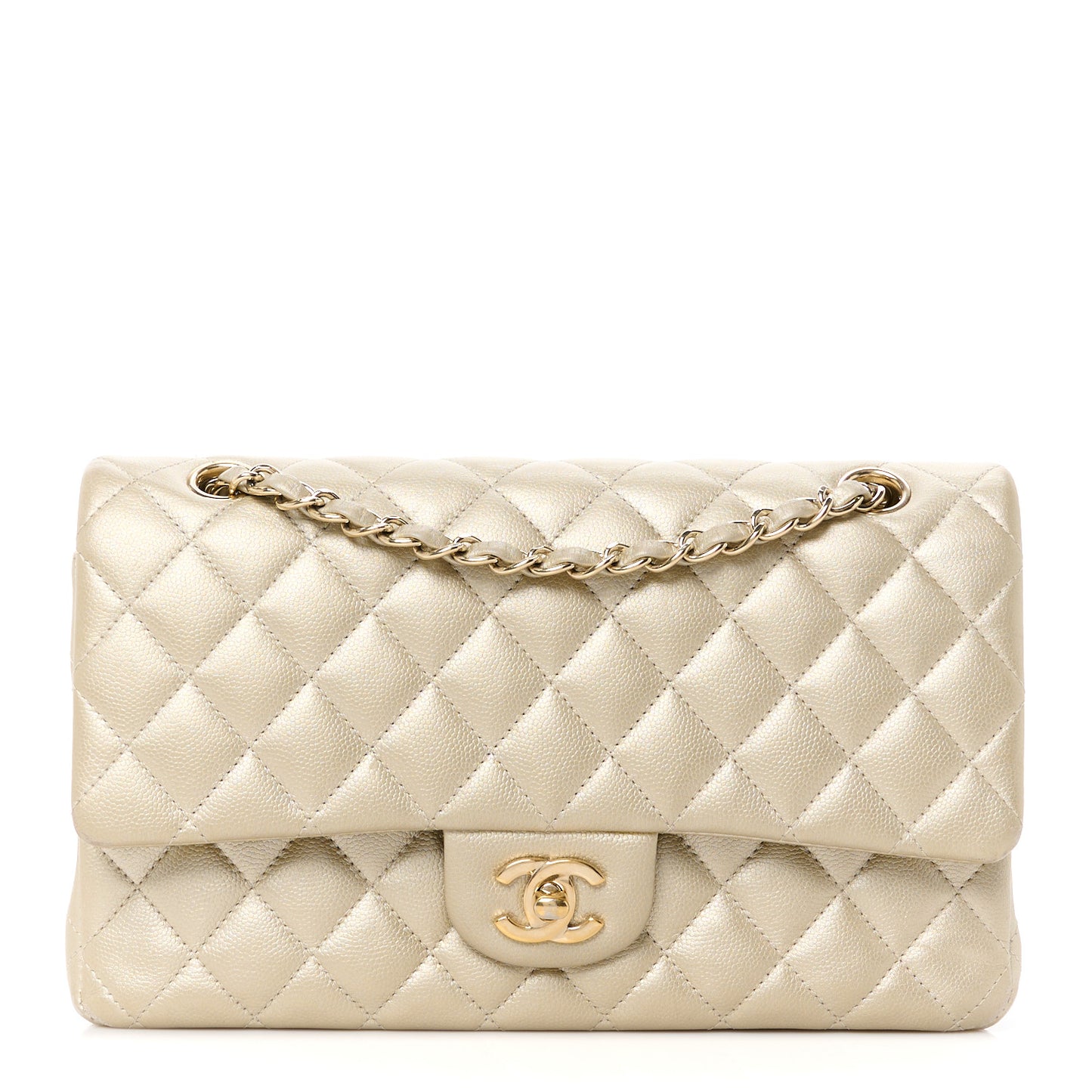 Metallic Caviar Quilted Medium Double Flap Light Gold