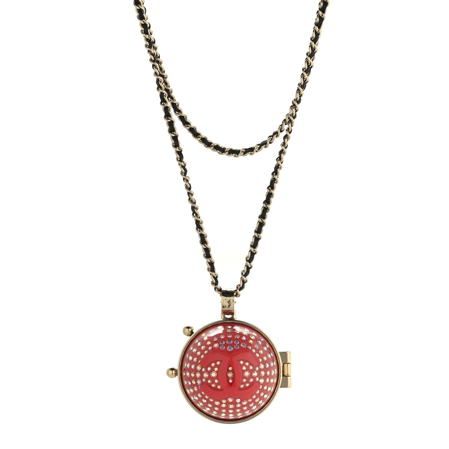 Chanel Metal Lambskin CC Crystal Locket Necklace Red 1 of 5