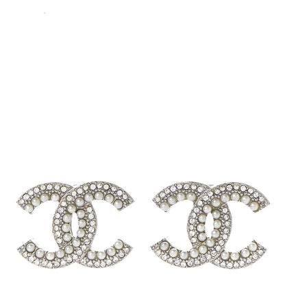 Chanel Pearl Crystal CC Snow Palace Earrings Silver 1 of 5