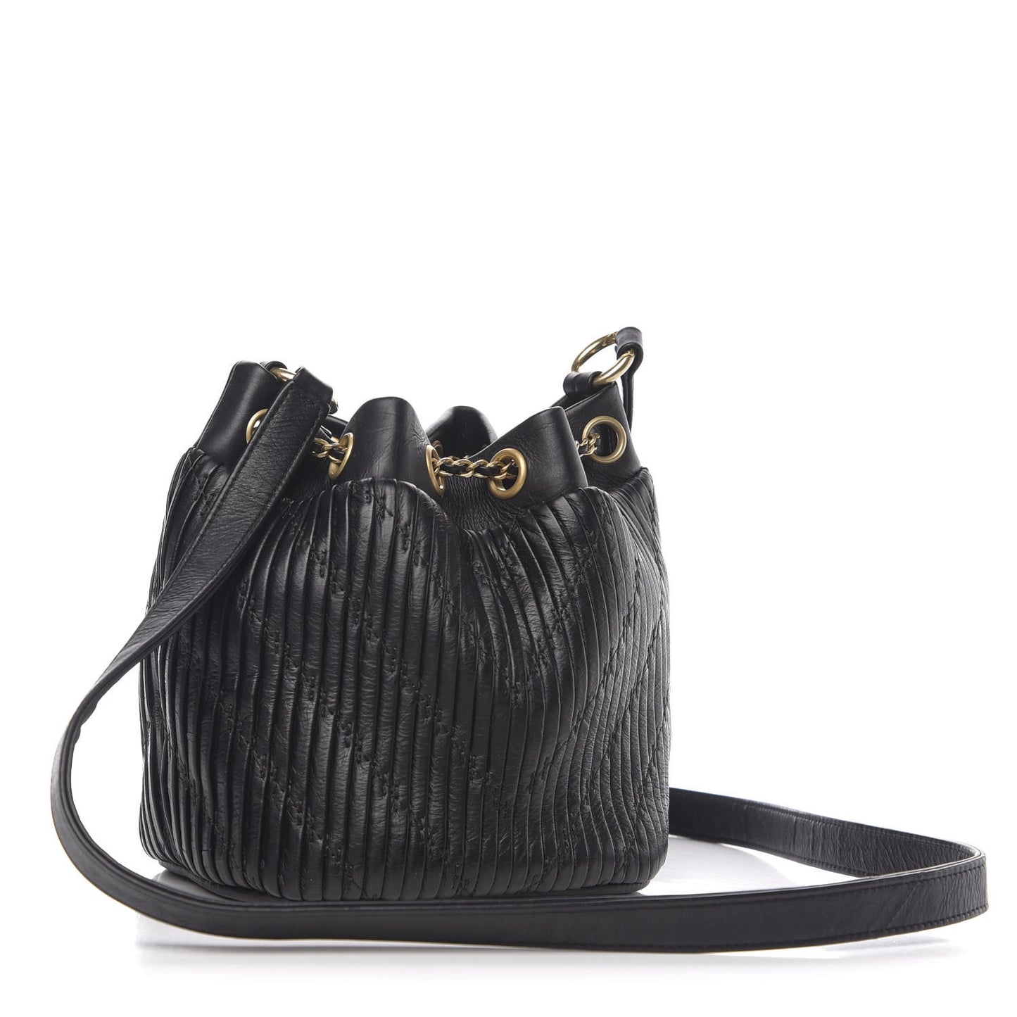 Iridescent Crumpled Calfskin Coco Pleats Small Drawstring Bag Black