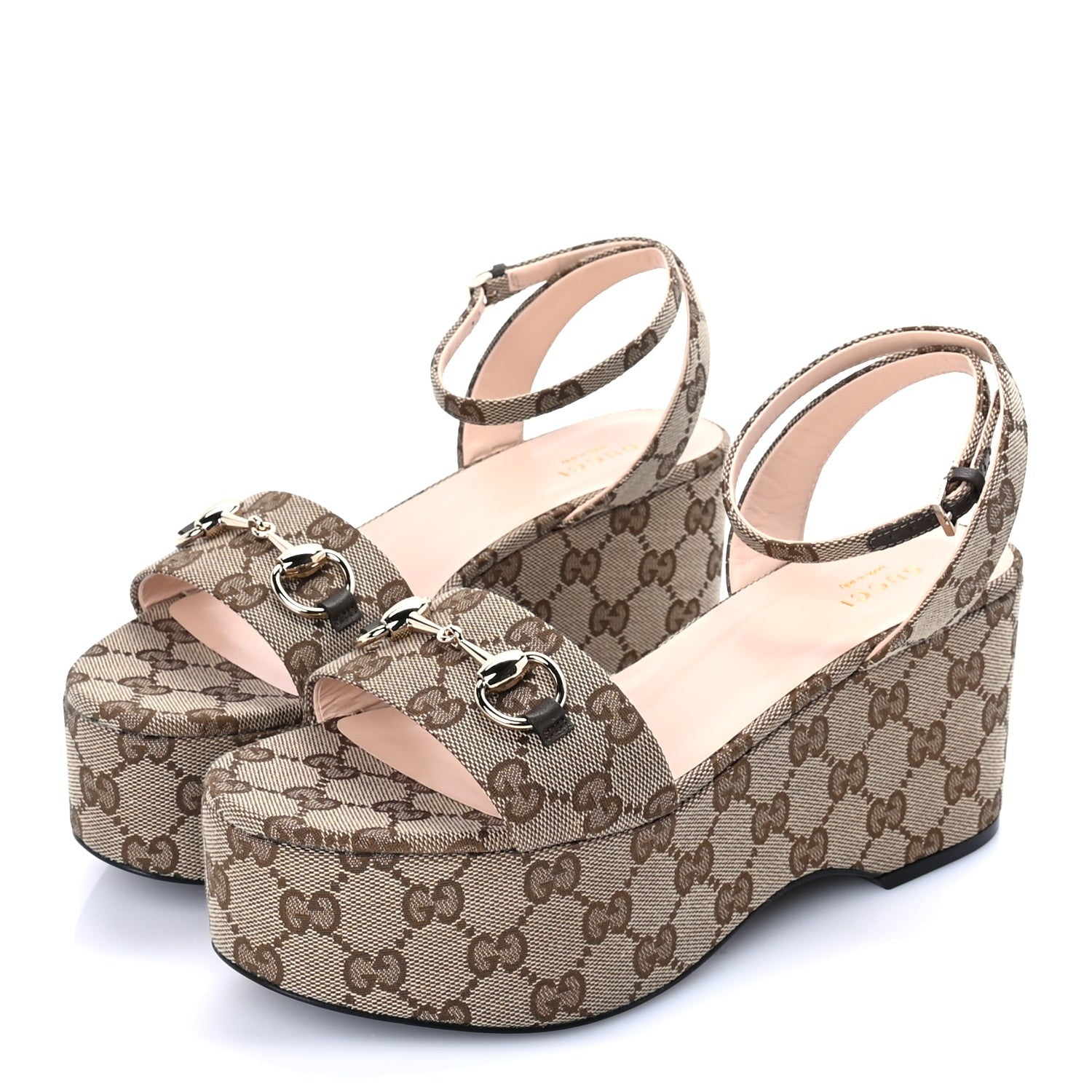 Gucci Monogram Nappa Chalotte Horsebit Ankle Strap 75mm Flatform Sandals 38.5  Beige Ebony 2 of 8